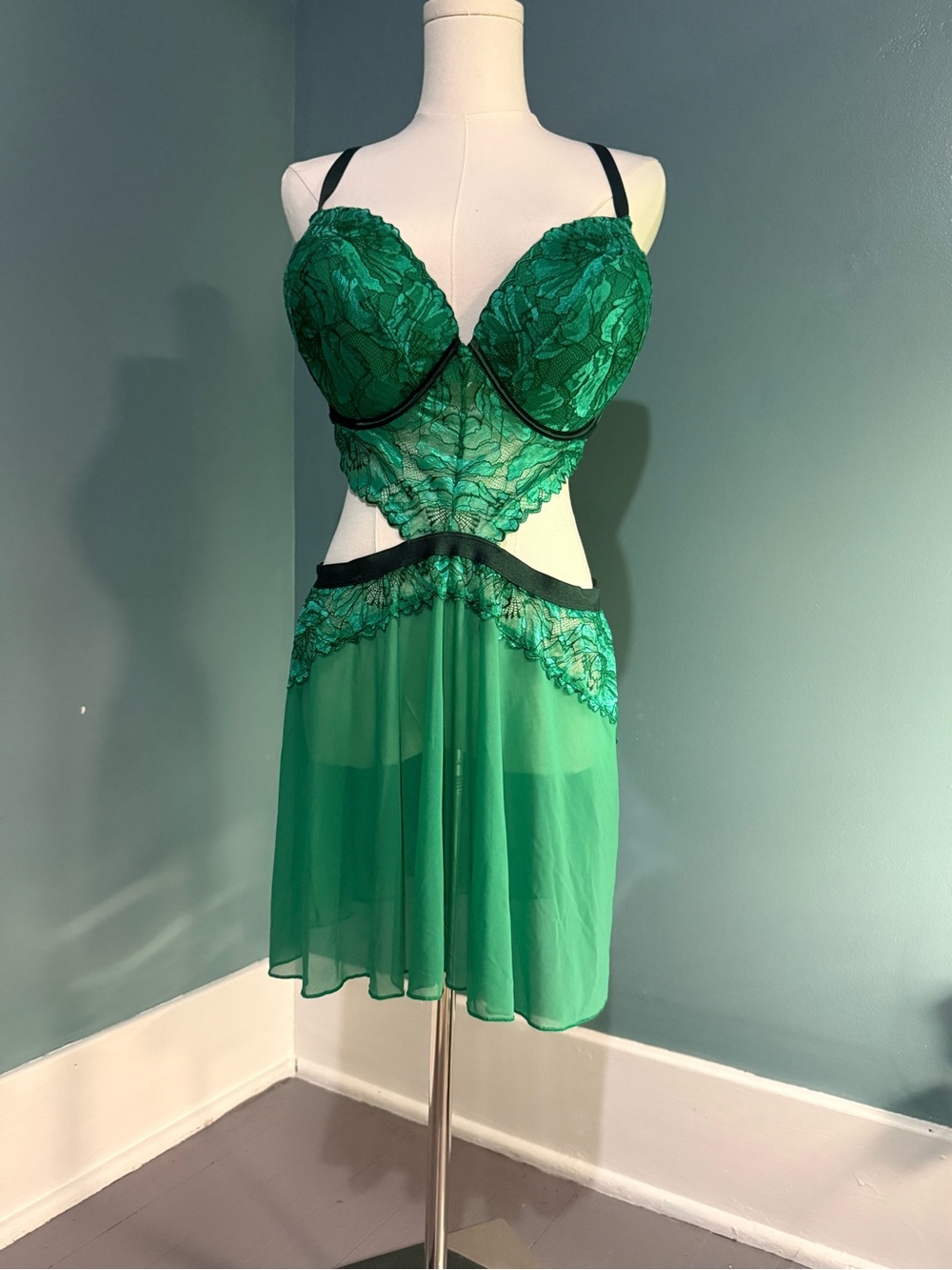 Auden XL Emerald Green Lace Mesh Babydoll Chemise Underwire Lingerie Nightgown